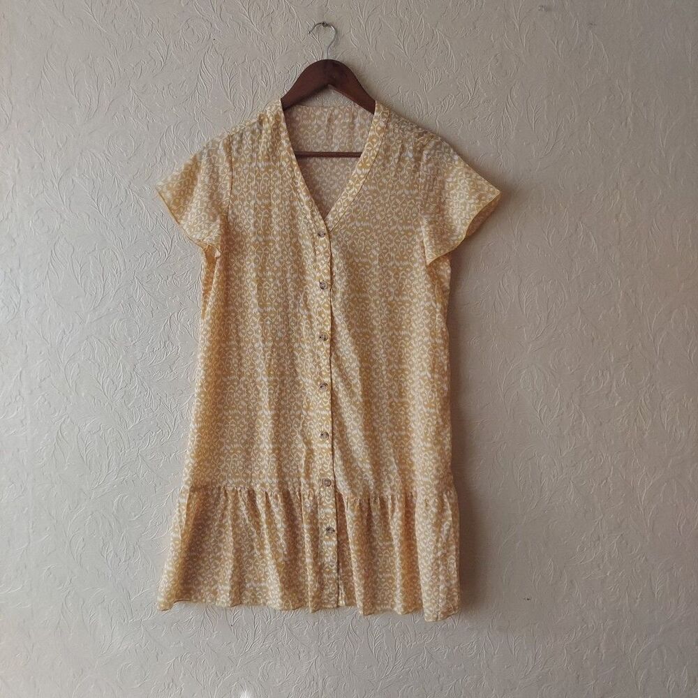 Women's Yellow Printed Dress Short Sleeve Button Front Sz Medium